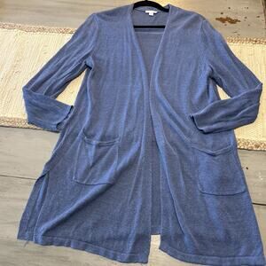 J Jill Cornflower Blue Long Line Cardigan Sweater Linen Blend Open Front Sz L